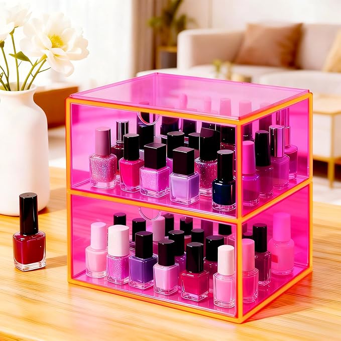 Acrylic Desk Organizer with Drawers Stackable Makeup Organizer for Vanity Office Countertop Cosmetic Display Cases Makeup Storage Box, Neon Pink