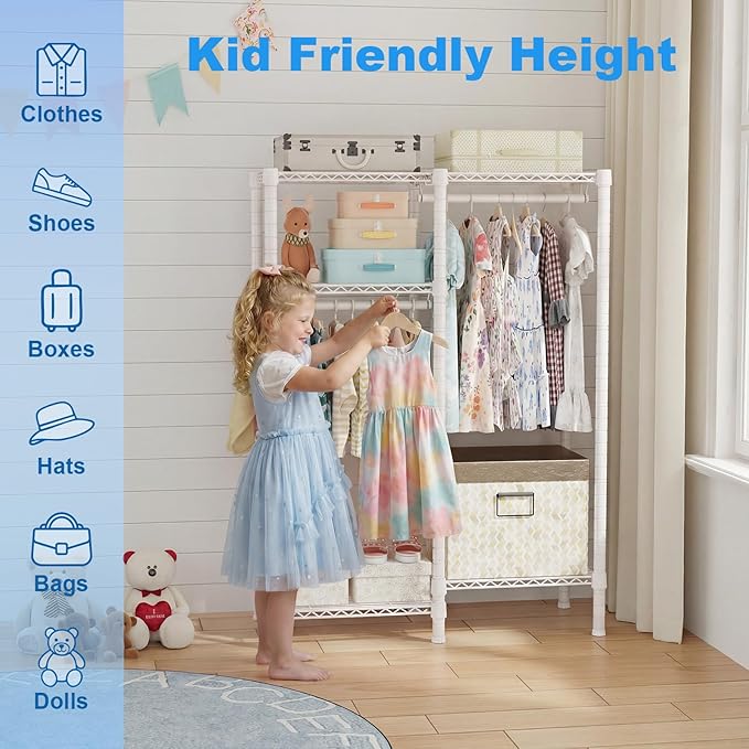 Ulif F1 Garment Rack for Kids, Baby, Students, and Children's Room, 4 Tiers Freestanding and Portable Heavy Duty Closets, Small Metal Clothes Rack with 2 Hanging Rod, 31.2" W x 11.8" D x 48" H, White
