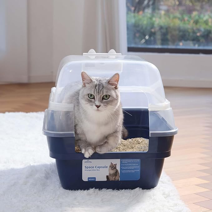 Large Cat Litter Box with Transparent Lid, Foldable Hooded Litter Box with Front Door Flap for Privacy, Easy Clean Non-Sticky Litter Box with Intelligent Deodorizing, (21.6" L x 17.8" W x 17.3" H)