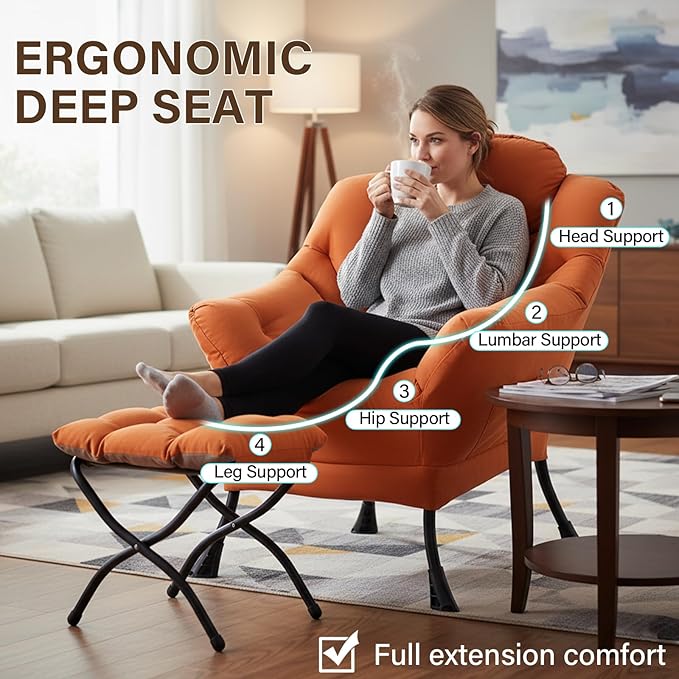 Welnow Lazy Chair with Ottoman for Living Room, Modern Reading Lounge Accent Chair with Armrests and a Side Pocket, Leisure Upholstered Lazy Sofa for Small Space, Bedroom, Dorm, Orange