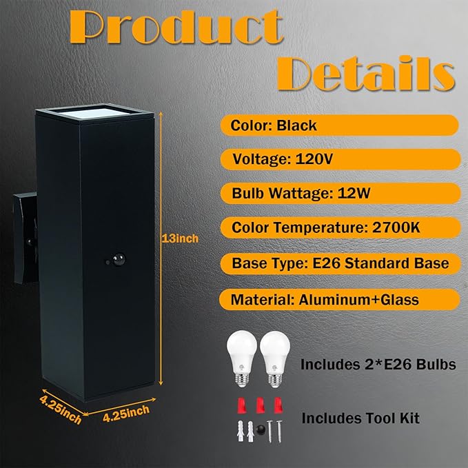 Motion Sensor Outdoor Wall Light with 3 Light Modes, Dusk to Dawn Modern Aluminum Sconce with E26 Bulbs, Waterproof Exterior Lighting for Porch, Garage, Patio, Entryway, ETL Listed