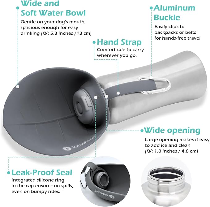 Stainless Steel Dog Travel Water Bottle — 27oz, Portable Bowl, Walking & Hiking (Grey)
