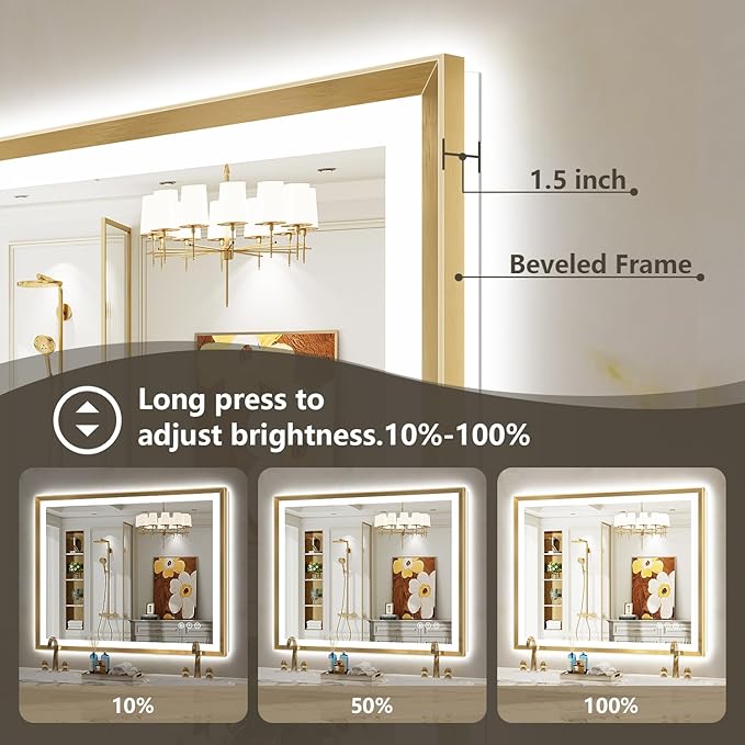 55x40 Gold Framed LED Bathroom Mirror with Lights, Backlit and Front Light, Lighted Bathroom Vanity Mirror for Wall Dimmable Anti-Fog Memory Tempered Glass Horizontal/Vertical