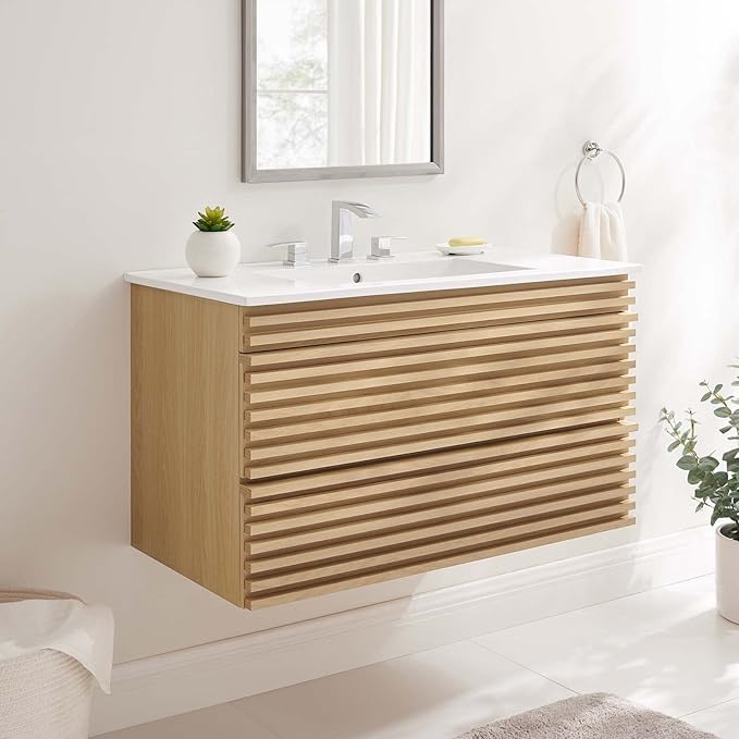 Modway Render 36" Wall-Mount Bathroom Vanity in Oak White