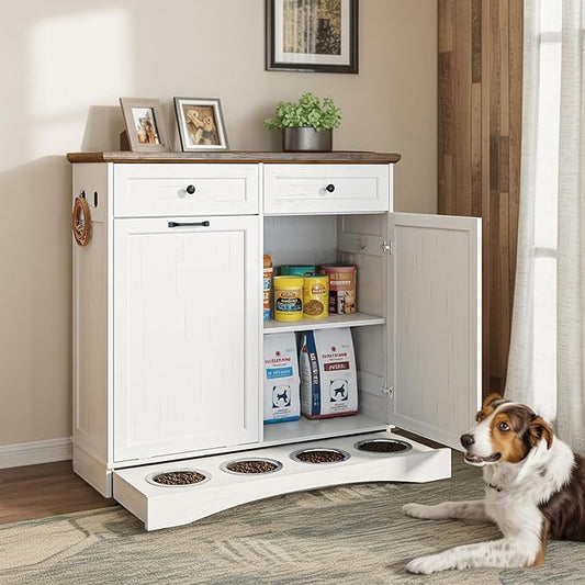 Double Tilt Out Trash Can Cabinet with Dog Bowl, 2 * 13 Gallons Dog Food Storage Cabinet, Hidden Trash Can Cabinet with Hideaway Drawer for Kitchen, Living Room (White, Double Door)
