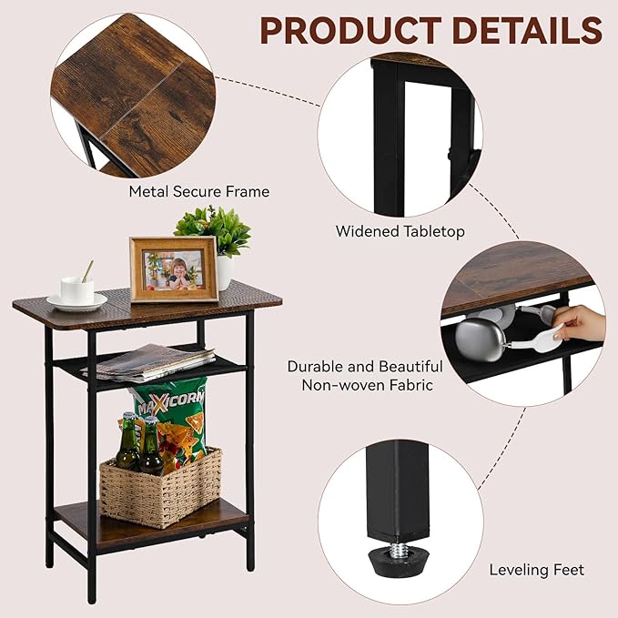 3-Tier Side Table for Living Room, Narrow End Table for Small Spaces with Wide Storage Tabletop,Rustic Brown Slim Couch Side Table Nightstand for Bedroom, Sofa