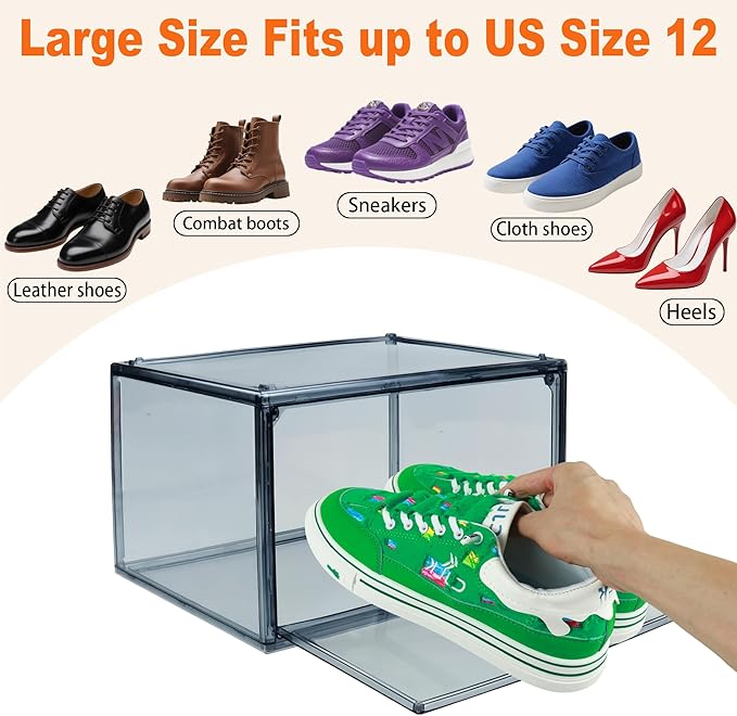 Acrylic Shoe Organizer，Sneaker Acrylic Display Case Size 13 for Men/Women Shoe Box Clear Box Stackable Storage Bins with Magnetic Door，Grey 1 Pack