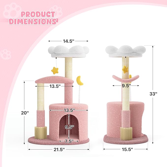 Magshion 33" Flower Cat Tree for Indoor Cats, Compact Cat Tower with Condo, Scratching Posts, Flower Perch & Dangling Toys for Kittens & Small Cats, Cute Cat Furniture Stand, Pink