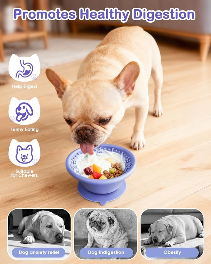 Dog Slow Feeder to Prevent Fast Eating, Dog Lick Bowl with Non-Slip Suction Base, Chew-Resistant Steel Rim & BPA-Free Silicone, Helps Extend Mealtime & Keep Dogs Calm(Purple)