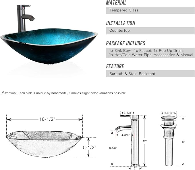 eclife 24" Modern Bathroom Vanity Sink Combo Freestanding Cabinet with Soft Closing Door, Turquoise Square Glass Vessel Sink, Water Save Faucet, Drain (White+A10)