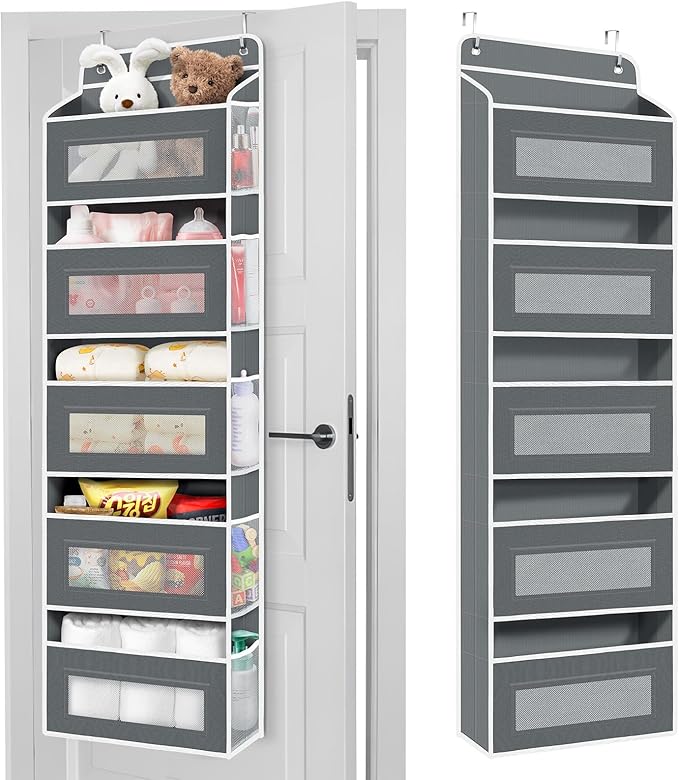 1 Pack 5-Tier Over the Door Organizer with 5 Large Side Pockets, 40lb Ultra Sturdy Large Capacity Behind the Door Storage, Stuffed Animal Storage for Pantry Bathroom Closet Baby Essentials(Grey)