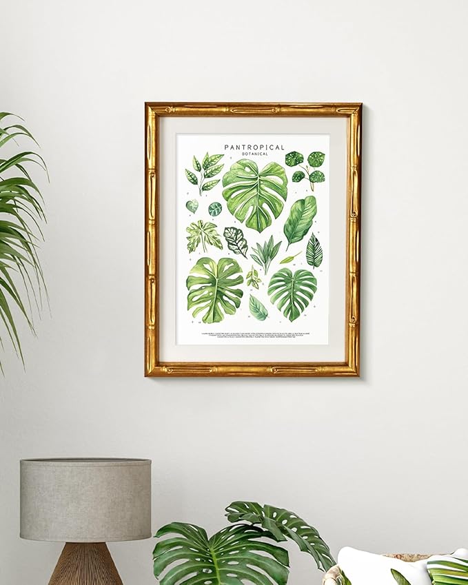 Pantropical Botanical Gold Bamboo-Textured Framed Wall Art, Nature-Inspired 11x14 Inch Tropical Greenery & Monstera Leaf Plants Canvas Print, Modern Room Home Office Decor for Bathroom Bedroom