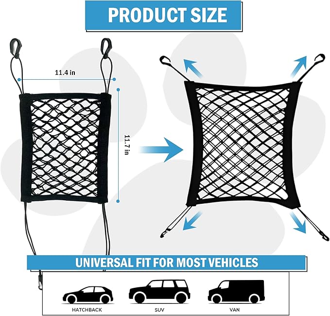 Dog Car Net Barrier - Car Barrier for Dogs & Kids Safety -Stretchable Dog Net for car - Universal Fit for Cars, SUVs,Trucks -Easy to Install - Divider for Driving Safely with Children & Pets