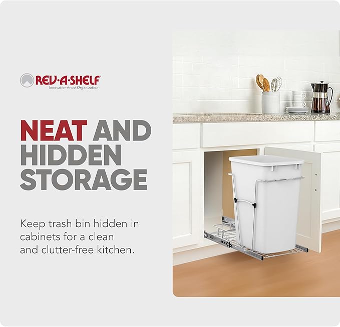 Rev-A-Shelf Pullout Trash Can for Kitchen Cabinets 35 Quart Garbage Waste Recycling Bin with Full Extension Slides, White, RV-12KD-11C