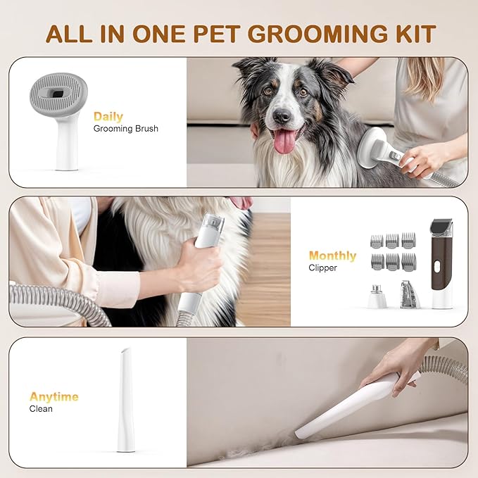 Dog Grooming Vacuum, Dog Grooming Kit with Pet Clipper Nail Grinder, 3 Suction Modes Dogs Brush Vacuum with 6 Pet Grooming Tools (Beige)