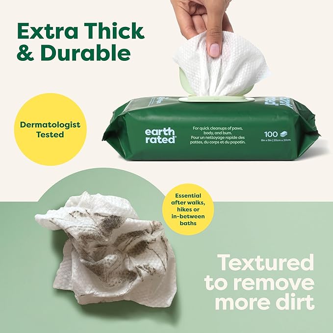 Earth Rated Pet Wipes for Dogs and Cats, Hypoallergenic, 3-in-1 Cleaning, Deodorizing and Hydrating, for Grooming Paws, Body and Butt, New White Tea and Basil Scent, 100 Count