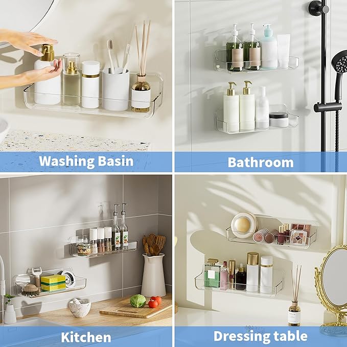 Diesisa 2pc Acrylic Wall Mount Organizer - Adhesive Shelf - Wall Organizers - No Drilling - Bathroom Shelves - Stick Wall Shelf with 3packs Self Adhesive Tapes, for Bathroom, Kitchen-Clear