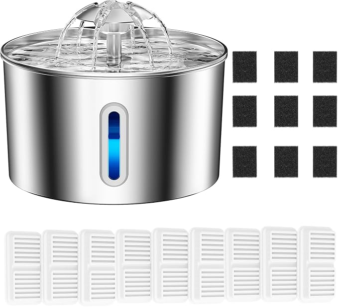Cat Water Fountain Stainless Steel with 9 Filters & 9 Sponges