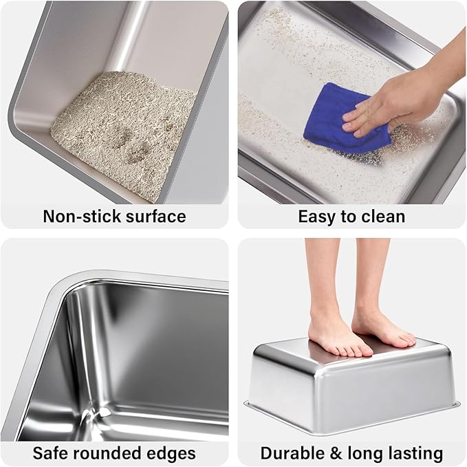 Medium Stainless Steel Cat Litter Box, Open Top Easy Clean Metal Litter Pan — Durable Metal Litter Box with High Sided Walls, No Odor, Non Stick for Indoor, Multi-Cat Homes, Rabbits & Small Pets
