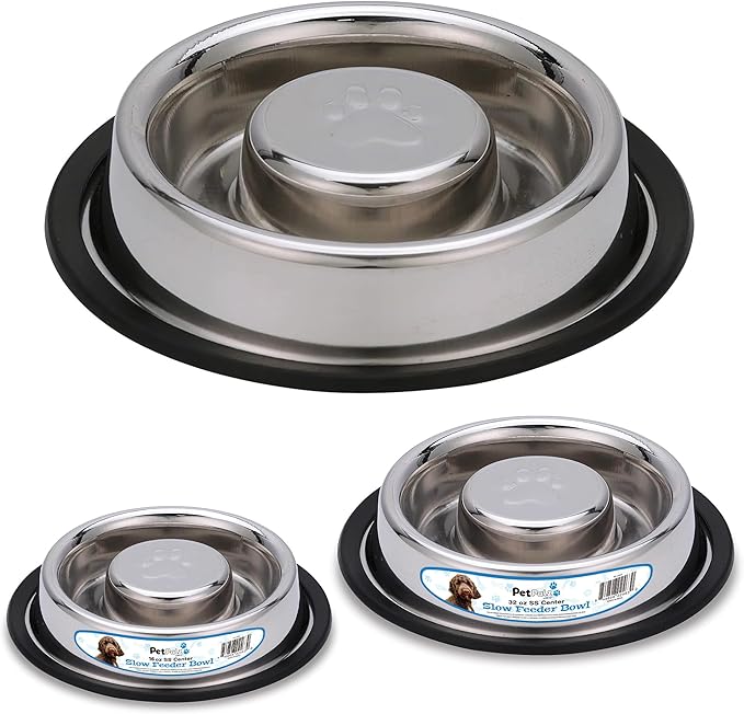 Palz&Co Center Slow Feeder Stainless Steel Dog Bowl, Non Slip, No Spill, Promotes Healthy Eating and Mental Stimulation, Dishwasher Safe (Small Medium 16 Oz)