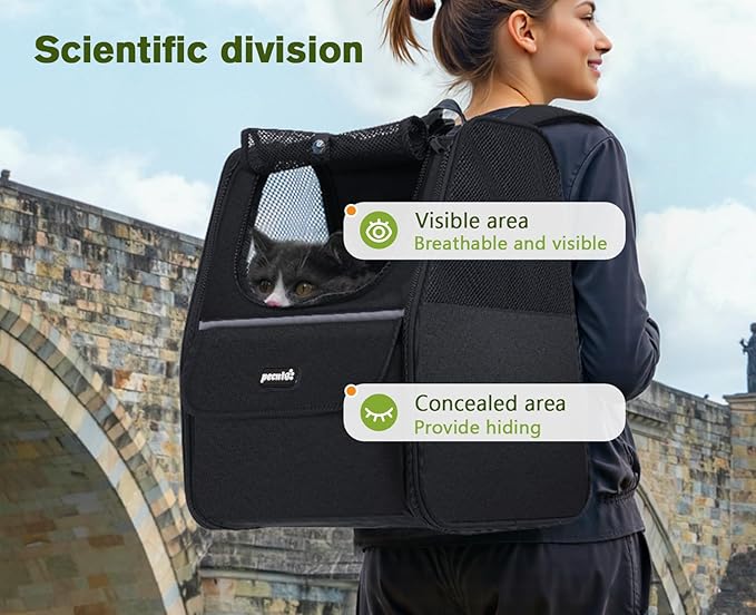 Expandable Cat Backpack Carrier — Ventilated Mesh, Safety Leash, Up to 11lbs (Black)