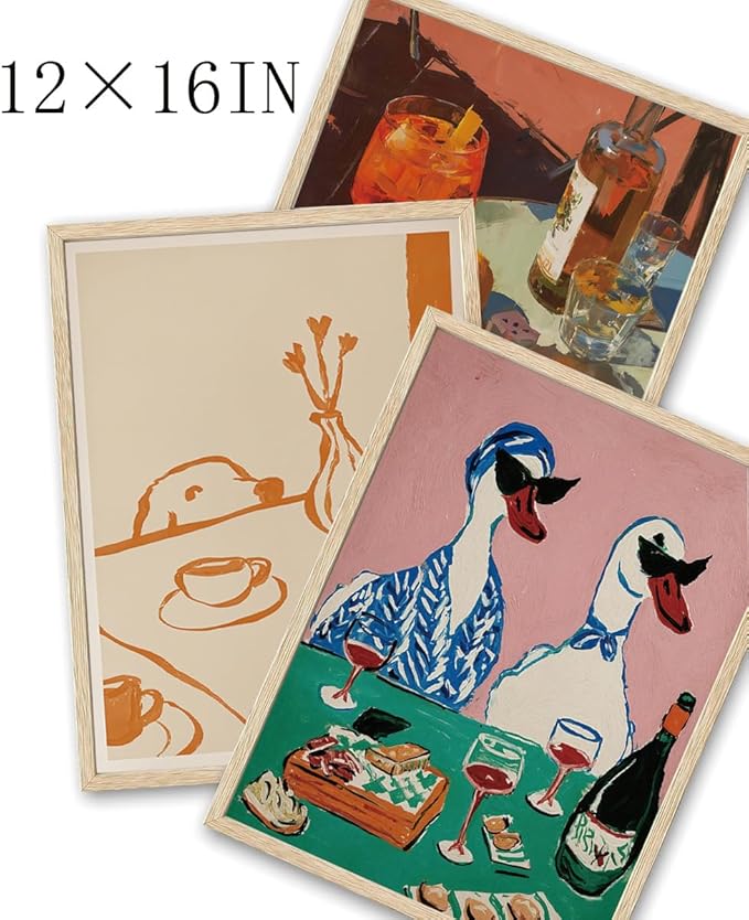 XJYISUO Framed Wall Art Duck Wall Decor Animal Canvas Art Wine Party Pictures Retro Paintings Funny Artwork For Kitchen Dining Room Bar