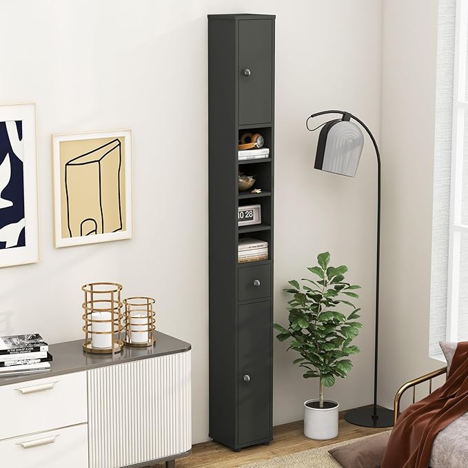 SIMOE Slim Bathroom Tall Cabinet, Freestanding Floor Storage Organizer with 2 Doors, 1 Drawer & 5 Adjustable Shelves, Narrow Linen Tower for Small Spaces, Wood Fiber Board Material, Bathroom Organizer