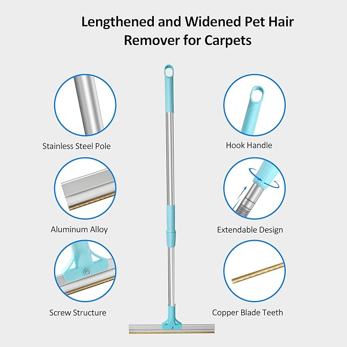Telescopic Carpet Rake for Pet Hair, 36-55" Adjustable Rug Rake to Remove Dog Cat Hair & Fluff Matted Carpet, Stand Up Cleaning Tool for Under Furniture