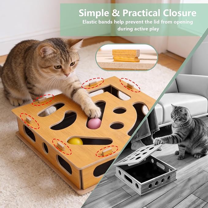 MDF Cat Nail File Enrichment Box, Scratch Puzzle with Sandpaper Surface, Stress-Free Nail Care Alternative, Interactive Maze Scratcher with Bell Ball for Indoor Cats