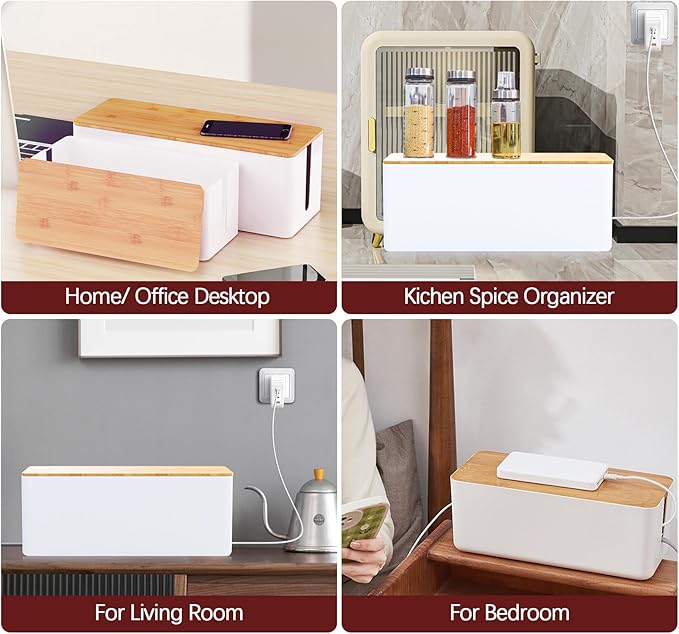 Cable Management Box,Wooden Style Large Cable Organizer Box for Office and Home,Cable Organizer Box with Proof Lock for Baby-Pets,Wood Lid（White,1 Pack