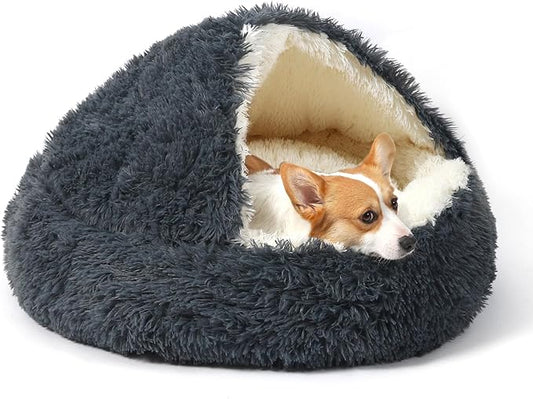 Dog Bed Round Hooded Plush Cat Cave Self Warming Pet Bed Donut Anti Anxiety Fluffy Pet Bed for Puppy and Kitty