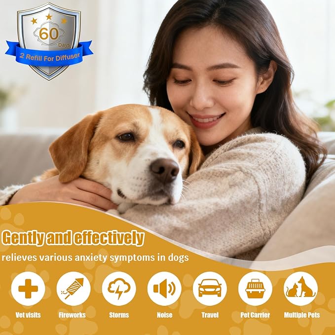 Dog Calming Diffuser,Dog Pheromones Calming Diffuser, 3 in1 Appeasing Pet Pheromone Diffuser to Calm Kit (1 Plugin+2x48ml Refills) for Anxiety Relief Reduce Barking Aggression (Tasteless)