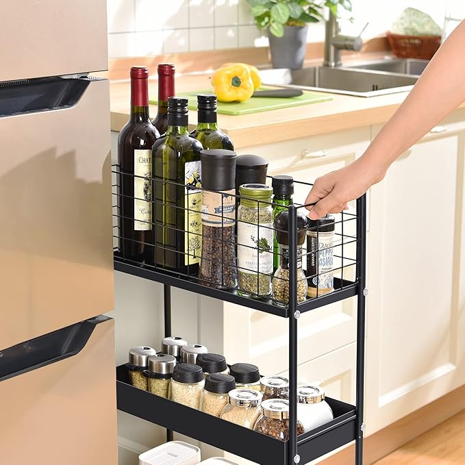 KINGRACK 3-Tier Metal Rolling Cart, Slim Storage Cart, Mobile Shelving Unit Trolley with Wheels, Bathroom Tier,Bathroom Organizer Utility for Laundry Room, Office, Narrow Place, Black