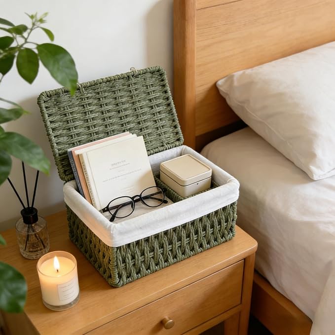 Woven Storage Baskets with Lids, Set of 3, Green Paper Rope Wicker Bins, Stackable Shelf Organizer Boxes for Bathroom Closet Nursery