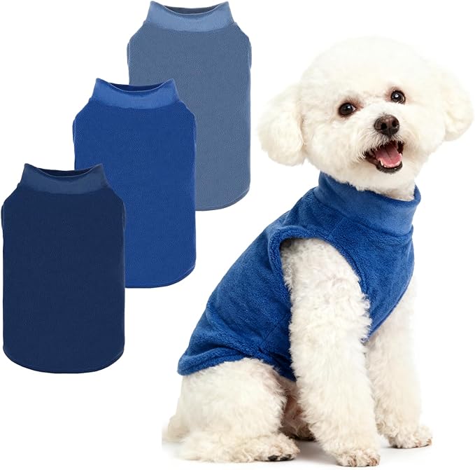 PUPTECK 3 Pack Fleece Dog Sweaters Winter Coat for Small Dogs, Pullover Jacket Pet Cat Fall Clothes Puppy Sweatshirt Soft Warm Vest for XS S Medium Dogs, Navy&Blue&Light Blue, M