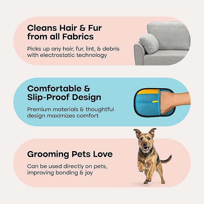 Uproot Pet Hair Removal Glove for Cats & Dogs: Infinitely-Reusable Electrostatic Pet Hair Remover Glove for Any Fabric - Cleans Furniture, Clothes, Car Upholstery, & More