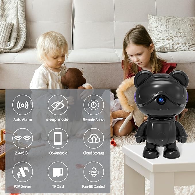 Cute Bear 2K Home Security Camera – Motion Monitor, Baby Cry Detection,Privacy Mode,5G Dual-Band,Pan & Tilt,Night Vision,24/7 Recording,2-Way Audio,Compatible with Alexa & Google Assistant