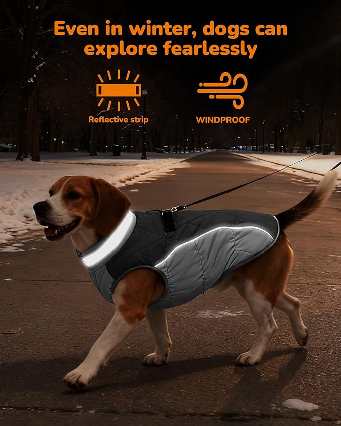 Dog Coat for Medium Dogs, Adjustable Dog Jackets for Cold Weather, Reflective Winter Coat with Built-in Harness, Snowsuit Fits Dogs 14-25 lbs and Up, Size M Black