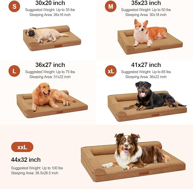 Orthopedic Memory Foam Dog Bed, Removable Washable Microsuede Cover, TPU Waterproof Liner, Nonskid Bottom, for Indoor, Outdoor, Crate ＆ Car Use, 35x23x6 Inches, Khaki