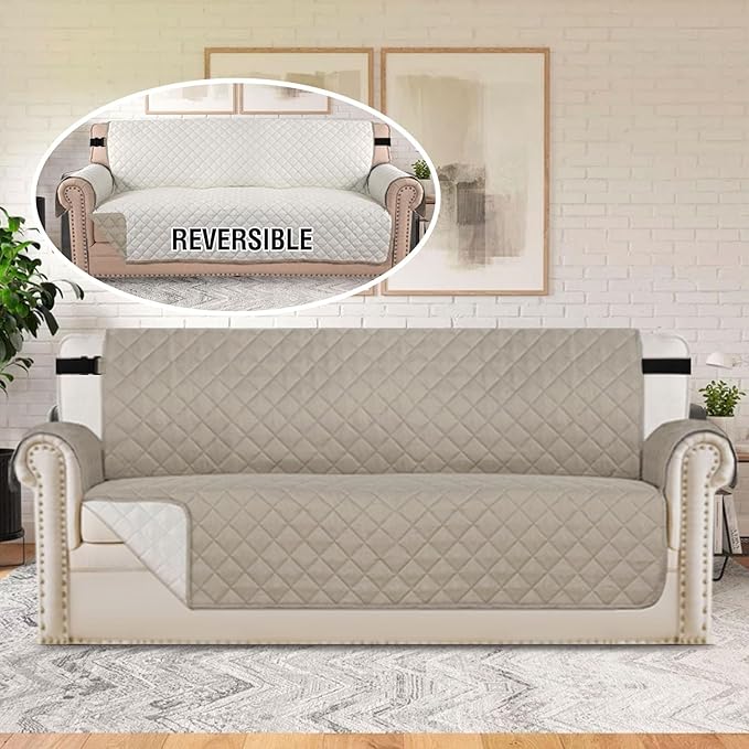 H.VERSAILTEX Water Resistant Couch Cover for 3 Cushion Couch Reversible Sofa Slipcover Quilted Furniture Protector with Elastic Strap Non Slip Sofa Cover for Dogs Pets(Oversized Sofa, Khaki/Beige)