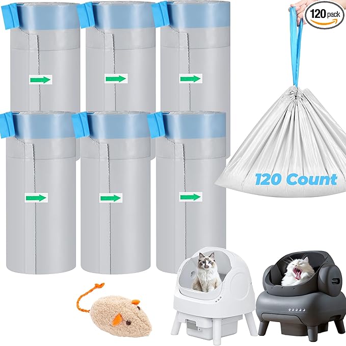 120 Count Automatic Cat Litter Box Liners Bags Compatible with NeakasaM1 Petpivot Autoscooper 11 and Similar Open-Top Self-Cleaning Cat Litter Box, Drawstring Handle Heavy Duty Leak-proof, 27 * 13in