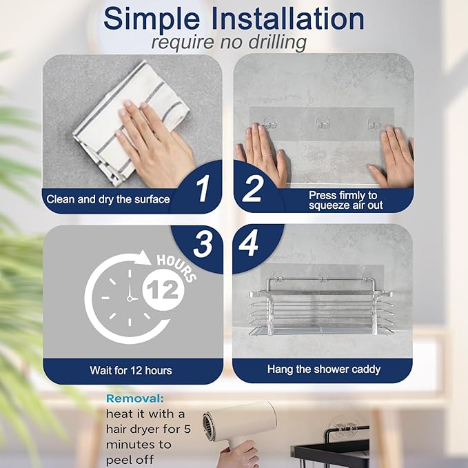 Shower Caddy Adhesive Replacement, 2 Pack Strong Adhesive Show-er Hooks, Water-Proof Shower Adhesive Strips, No Drilling for Show-er Caddy, Bathroom Storage Shelves and Kitchen Racks
