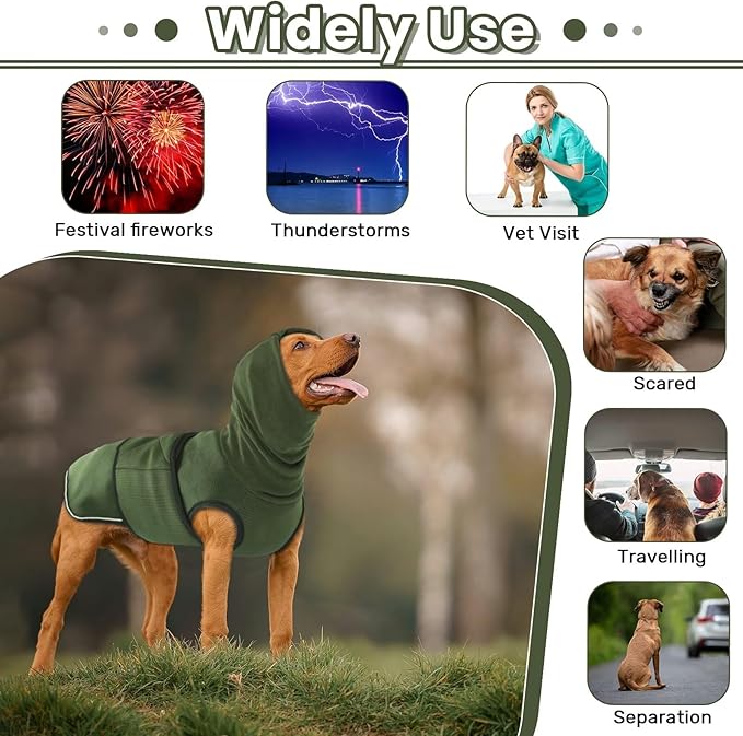 IDOMIK Dog Anxiety Calming Hoodie, Breathable Anxiety Jacket Vest for Thunderstorms, Fireworks, Vet Visits, Separation, Adjustable Hoodie for Noise Block & Ear Protection Recovery, Green, S