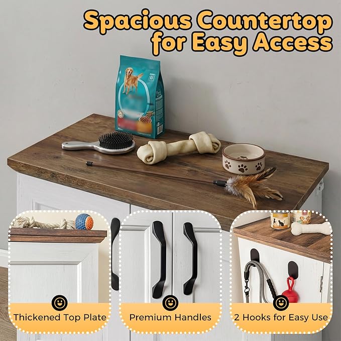 Pet Food Storage Cabinet with Bowls, Dog Food Feeding Station with Storage, Dog Food Cabinet with Adjustable Shelves, Hooks, Letter Stickers, Pet Organizer and Storage for Cat/Dog, White&Oak