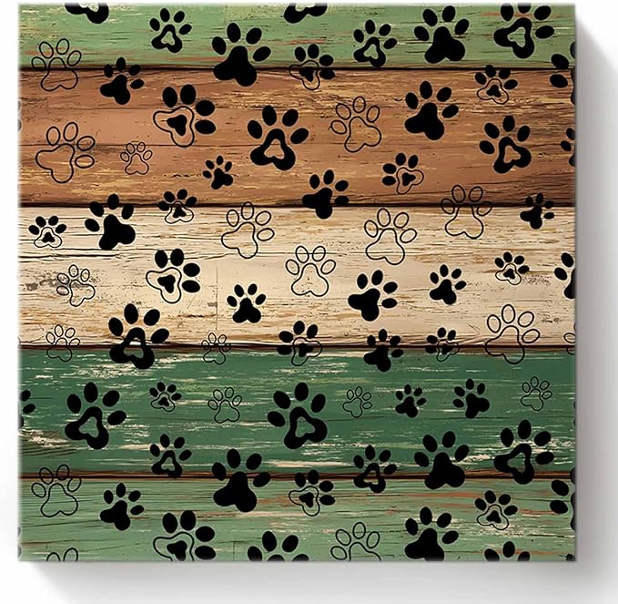 Framed Canvas Wall Art for Living Room Dog Paw Print Wall Decor, Retro Green Brown Wood Grain Aesthetic Paintings for Bedroom Office Kitchen Bathroom, Ready to Hang Artwork Wall Pictures 20x20 Inch