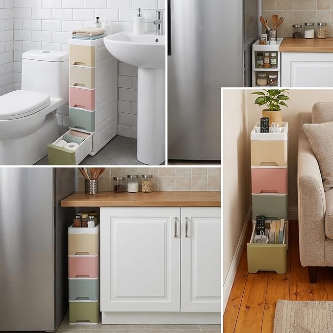 5-Tier Slim Bathroom Storage Cabinet with Wheels, Narrow Plastic Drawer Organizer Cart, Colorful Storage Cart for Bathroom, Kitchen, Laundry Small Spaces 7.09"x14.96"x32.68"