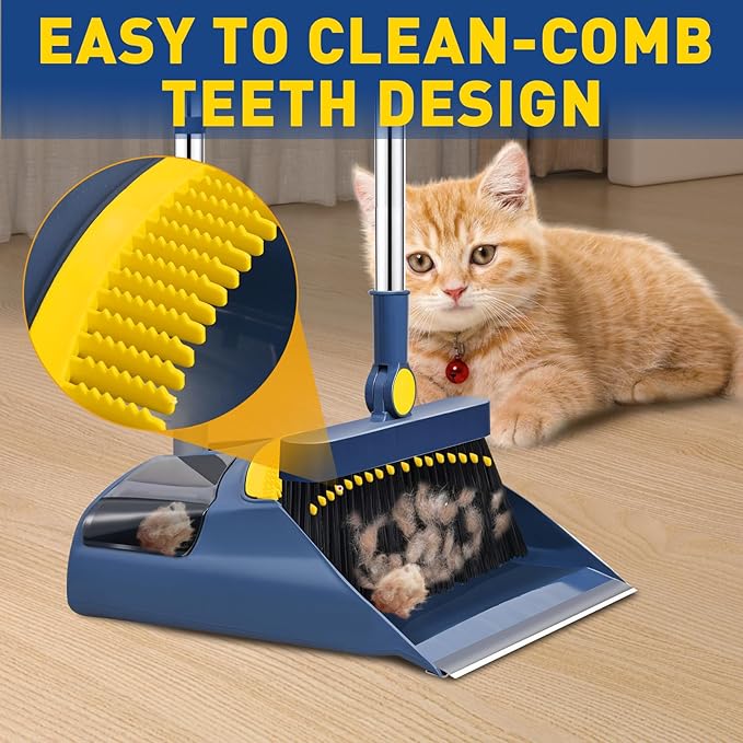 Broom with Dustpan Combo Set, 55" Long Adjustable Handle Broom and Dustpan Set Pet Hair Removal Broom with Dustpan Teeth to Clean Hair Suitable for Home Kitchen Office Hall Floor(Blue)