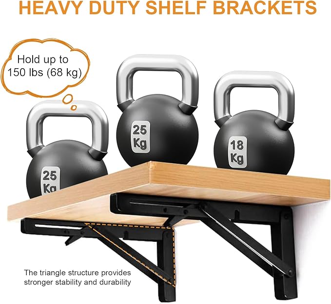 Storystore Folding Shelf Brackets - 16 Inch Heavy Duty Metal Collapsible Shelf Bracket for Bench Table, Shelf Hinge Wall Mounted Space Saving DIY Bracket, Max Load: 150 lb (4 PCS, Black)