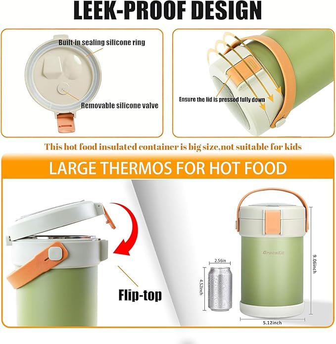 67oz Adults Thermo for Hot Food Kit 2L 9.06in 3 Layer Stainless Steel Vacuum Soup Food Thermo Hot Food Jar Bento Box for Men, Women, Suitable insulated Lunch Box for 12+ Camping, Office & Travel Use