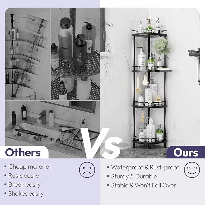 SWTYMIKI Corner Shower Caddy Standing - 4 Tier Stainless Steel Shower Organizer Stand with 4 Hooks & Soap Holder, Rustproof Metal Standing Tall Floor Shower Shelf and Bathroom Organizer, Black